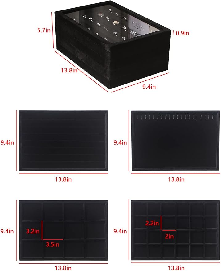 Coward Set of 5 Stackable Jewelry Organizer Tray Necklace Earring Box Storage Ring Bracelet Display Holder (Black(ring+necklace+earring+12grid)) - Image 7