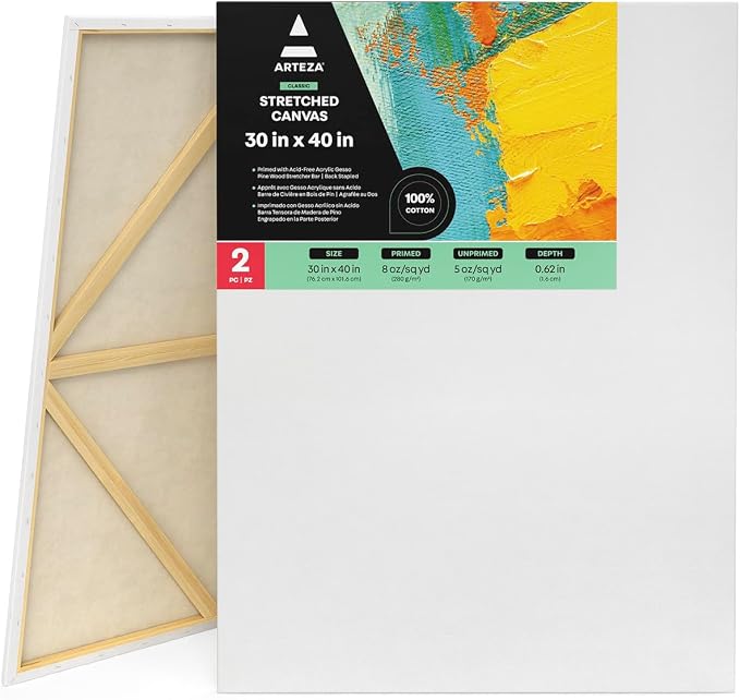 ARTEZA Stretched Canvas, 30 x 40 Inches, Pack of 2, Blank White Large Canvas for Painting for Acrylic, Oil and Gouache Paints by ARTEZA