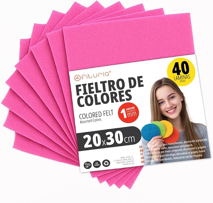 OFITURIA Felt for DIY Crafts, Soft and Flexible Coloured Fabric Sheets for Sewing, Patchwork, School Projects, Textile Art and Decoration, 20 x 30 cm (Fuchsia, 40 Pcs) by OFITURIA
