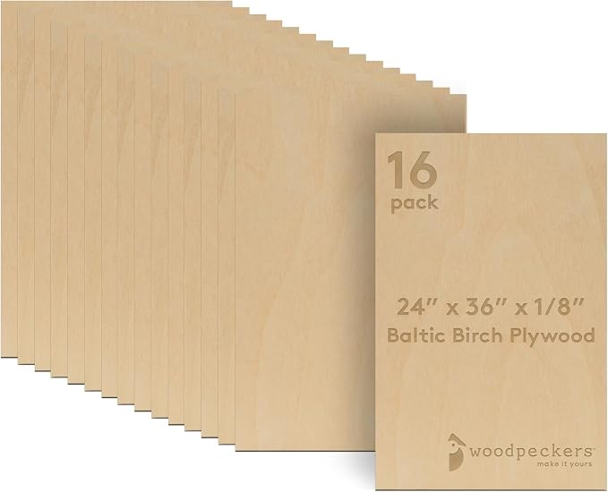 Baltic Birch Plywood 24 x 36 x 1/8 Inch - 3 mm Craft Wood, Pack of 16 B/BB Grade, Stronger Than Basswood Sheets or Balsa Wood, Perfect for Laser, CNC Cutting, Wood Burning, by Woodpeckers by Woodpeckers
