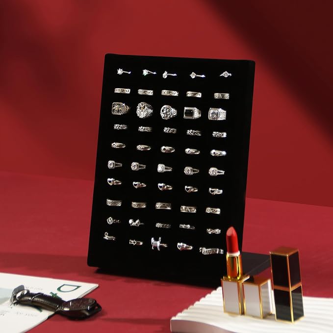 Coward Velvet Ring Holder Stand, 50 Slots Jewelry Ring Display Tray, Jewelry Pad Showcase Organizer for Home or Store Sell Show (Black Velvet) - Image 5