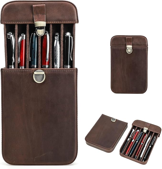 CONTACTS Full Grain Leather 6 Slot Pen Case Fountain Pens Holder Travel Pencil Case by Handmade Vintage Tray Design with Push Lock by CONTACTS