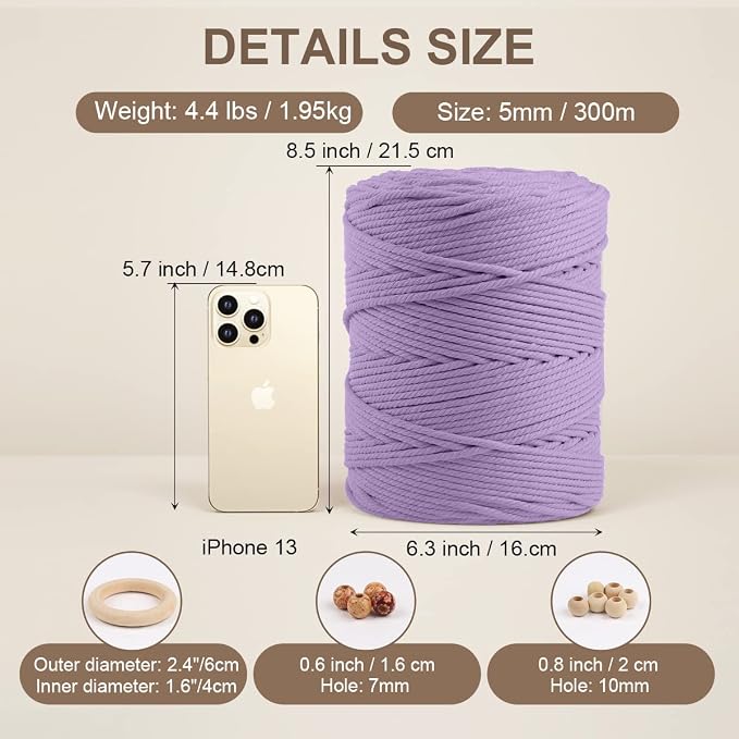 ZUEXT Macrame Cord, Light Violet, 5mm x 328yds Cotton String Macrame Yarn | Natural Handmade, 4 Strands Twisted Cotton Rope, for Craft Wall Hanging Weaving Tapestry Dream Catchers Hanger DIY Gift, 300m - Image 2