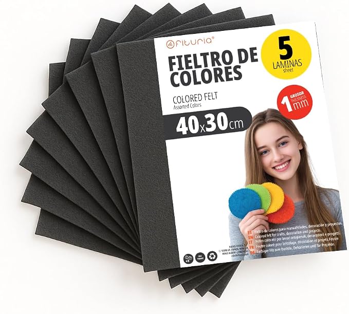 OFITURIA Felt for DIY Crafts, Soft and Flexible Coloured Fabric Sheets for Sewing, Patchwork, School Projects, Textile Art and Decoration 40 x 30 cm (Black, 5 pcs) by OFITURIA