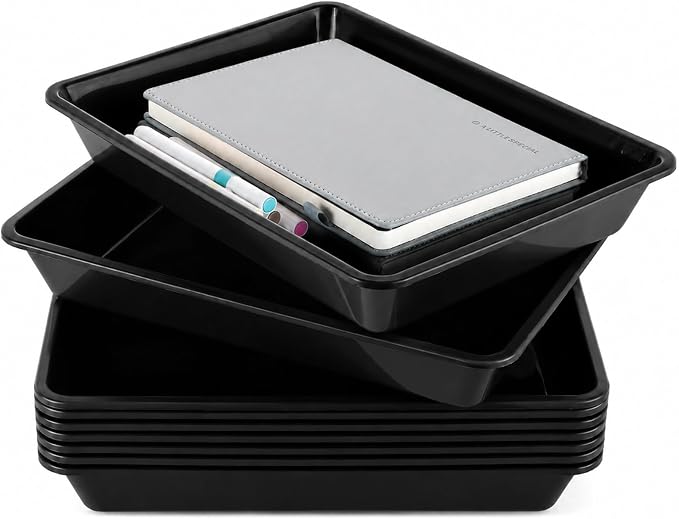 gisgfim 12 Pack Letter Size Flat Storage Paper Tray Organizer Bin Tray Plastic Stackable File Organizer for Classroom Library School Office Teacher Desktop Book Organization (Black) by gisgfim