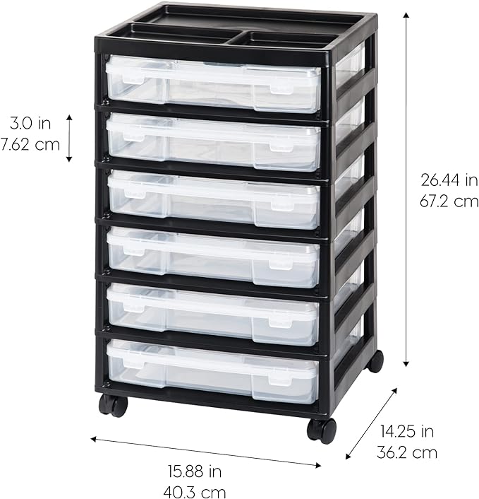 IRIS USA Rolling Cart with Drawers |Made in USA| 6-Tier Cases - Black/Clear | Fits 12"x12" Paper, Built-In Handles, Storage Unit with Supply Top for Craft, Art, Office Supplies, Pens & Pencils - Image 4