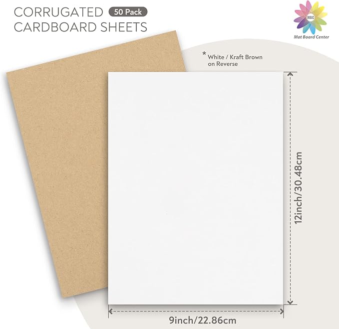 Mat Board Center, 9x12 Inch Corrugated Cardboard Sheets 50 Pack | Flat Cardboard Inserts for Mailing, Packaging & Shipping, Cardboard Backing, Craft Card Board (White on one side) - Image 2