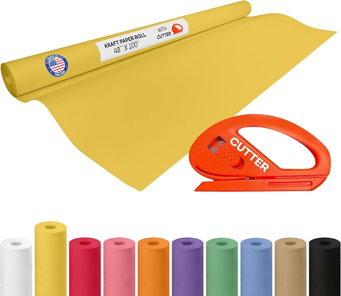 Yellow Kraft Paper Roll 48" x 1200" (100 feet) with Cutter - USA-Made Gift Wrapping Paper for Packing, Moving, Shipping & Crafts/Arts - 100% Recyclable Natural Craft Material by IDL Packaging | Gift Wrapping Paper for Packing, Moving, Shipping & Crafts... by IDLPackaging