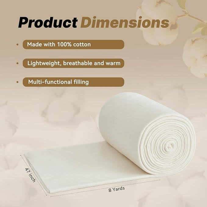 QSTEHEML Natural Cotton Batting for Quilting 47" x 8 Yards, Quilt Batting for Sewing, Lightweight Batting Fabric for Potholders & Handmade Quilts & DIY Projects, Microwave Safe for Bowl Cozies - Image 2