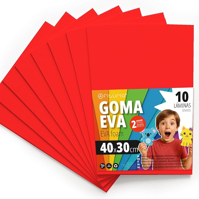 OFITURIA Foam Rubber for Crafts and School Projects, Coloured Foam Ideal for DIY, Decoration, Scrapbooking and Creative Projects, 40 x 30 cm (Red, Pack of 10) by OFITURIA