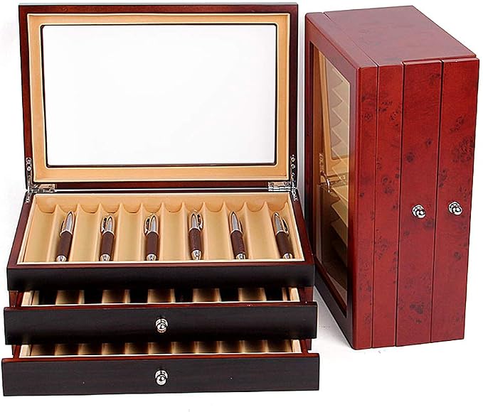 34 Slots Wooden Pen Display Box, 34 Pens Storage Fountain Pen Collector Case with Transparent Top Large Organizer Box, Gifts for Man Father Boyfriend Husband (Red) - Image 8