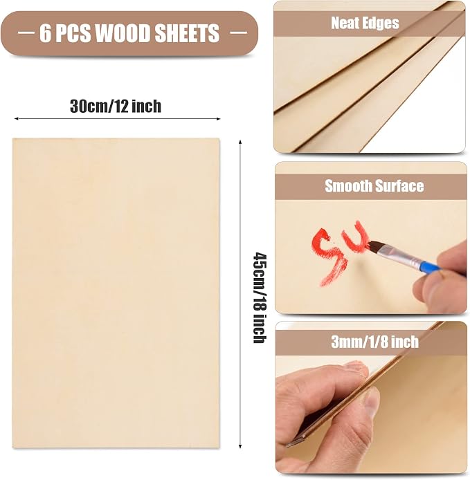 6 Pack Basswood Sheets 12 x 18 x 1/8 Inch-3 mm Unfinished Plywood for Craft Thin Wood Boards Sheets Rectangle Wood Panels for DIY School Projects, Painting, Laser Projects, Woodworking, Model Making - Image 2