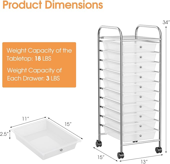DREAMADE Rolling Cart with 10 Storage Drawers, Utility Cart with Removable Plastic Drawers, Lockable Wheels, Art Cart for Classroom Organization Art Supplies Office Scrapbook Tool Craft (Transparent) - Image 3