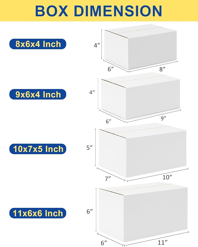 Assorted-Sizes-Shipping-Boxes-40-Pack: 8x6x4 & 9x6x4 & 10x7x5 & 11x6x6 Small-Shipping-Boxes-Mailers, White Corrugated-Cardboard-Boxes-for-Packing-Small-Business Mailing - Image 2
