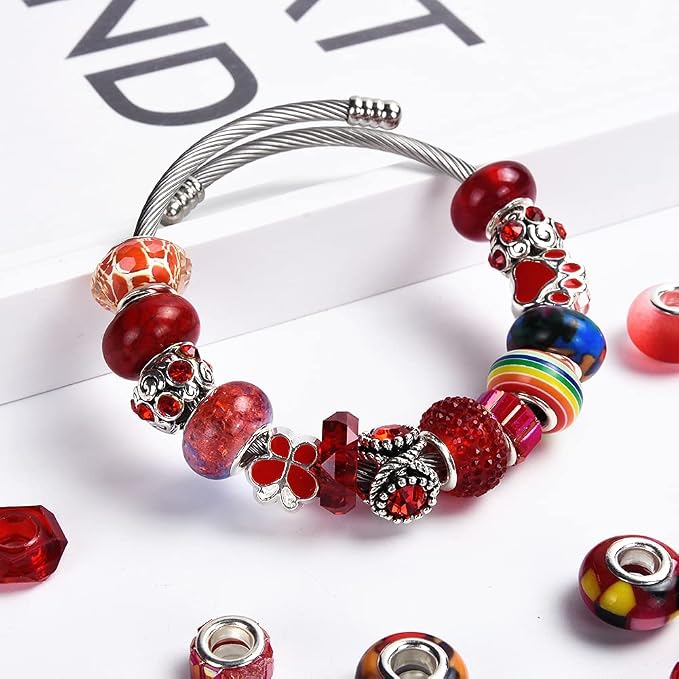 Aipridy European Large Hole Beads, Colorful Glass Charm Beads Set, Assorted Patterns and Designs Rhinestone Craft Beads for DIY Bracelet Jewelry Making (60, Siam Resin+Alloy) - Image 6