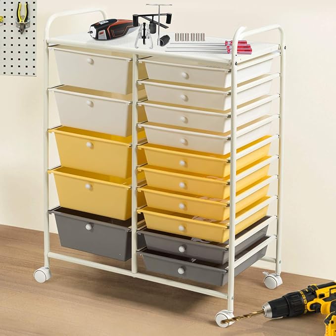 RELAX4LIFE 15 Drawer Rolling Storage Cart, Mobile Drawer Carts for Craft Art Supply Paper Salon, Utility Cart on Wheels for Classroom Teacher School Office, Rolling Cart with Drawers (Yellow) - Image 4