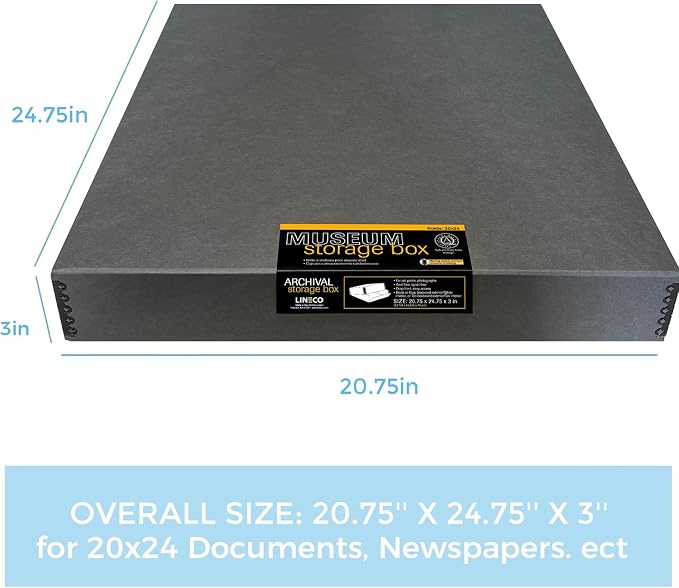 Lineco Museum Archival Storage Box, Drop Front, 20.75x24.75x3 in, Gray | Acid-Free with Metal Edge, Preserves Picture Longevity, Organize Photos, Newspapers, Prints, Documents, Crafts, DIY - Image 2
