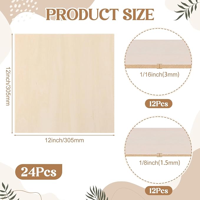 SiliFine 12x12 Inch 24 Pack Basswood Sheets for Crafts, Mixed Sizes 1/16“or 1/8" 3mm Plywood Boards, Unfinished Wood Sheets for Laser Cutting Burning Paint DIY Project Model (Suqare) - Image 2