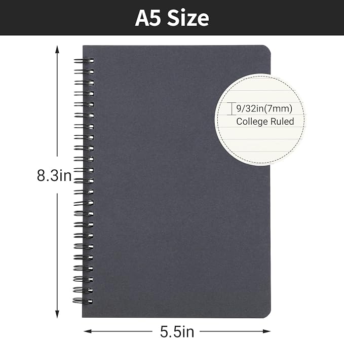 EUSOAR College Ruled Notebooks, 6 Packs 5.5" x 8.3" 120 Pages Grey A5 Spiral Notebook Bulk, Hardcover Lined Writing Notebooks Sketchbook Set, Office Meeting Essentials Composition School Supplies - Image 2