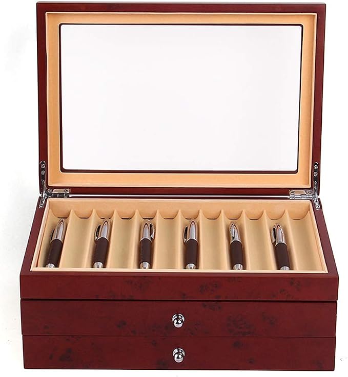 34 Slots Wooden Pen Display Box, 34 Pens Storage Fountain Pen Collector Case with Transparent Top Large Organizer Box, Gifts for Man Father Boyfriend Husband (Red) - Image 3