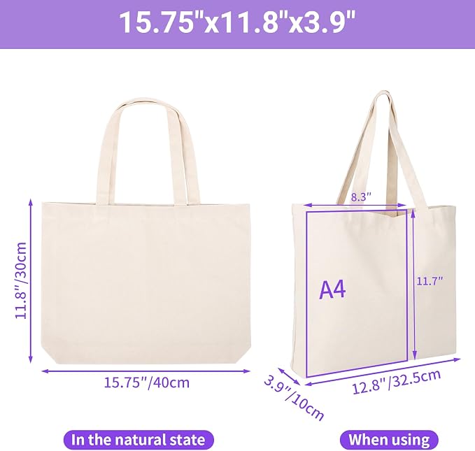Segarty Small Canvas Tote Bag for Women, 3 Pack 15.75x11.8x3.9 Blank Canvas Tote Bags, Reusable Tote Bag with Natural Cotton and Shoulder Strap, Bulk for DIY, Grocery Shopping, Beach, Travel，Gift - Image 3