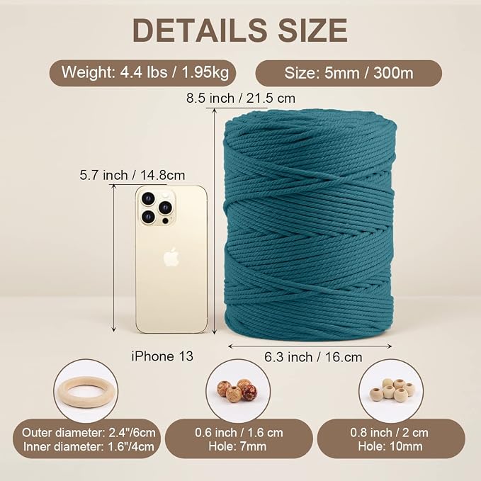ZUEXT Macrame Cord, Peacock Blue, 5mm x 328yds Cotton String Macrame Yarn | Natural Handmade, 4 Strands Twisted Cotton Rope, for Craft Wall Hanging Weaving Tapestry Dream Catchers Hanger DIY Gift, 300m - Image 2