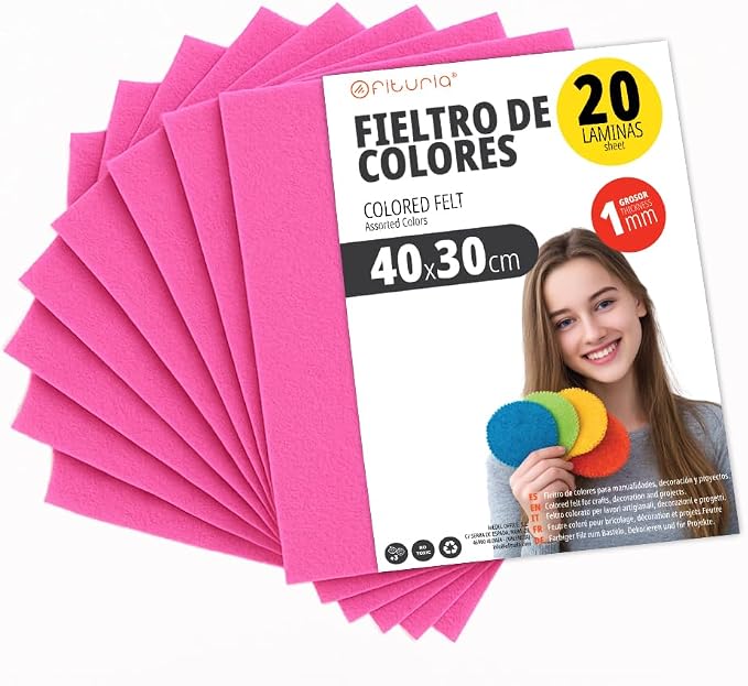 OFITURIA Felt for DIY Crafts, Soft and Flexible Coloured Fabric Sheets for Sewing, Patchwork, School Projects, Textile Art and Decoration 40 x 30 cm (Fuchsia, 20 pcs) by OFITURIA