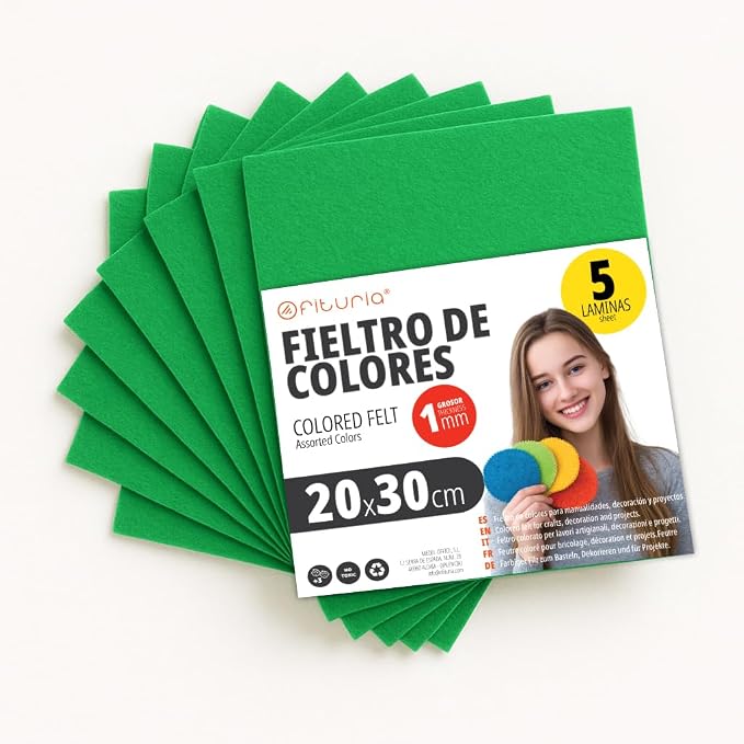 OFITURIA Craft Felt for DIY Projects, Colourful Felt Fabrics for Patchwork, Sewing, School, Art and Decoration 20 x 30 cm (Green, Pack of 5) by OFITURIA