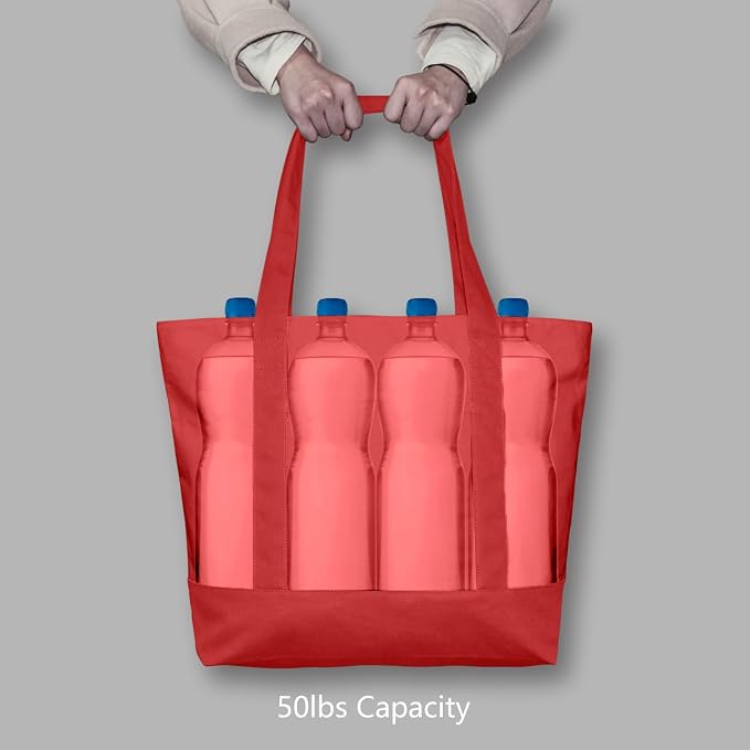 TOPDesign 1-Pack Canvas Tote Bags with an External Pocket, Reusable Grocery Shopping Bags, Top Zipper Closure, Daily Essentials (Red) - Image 6