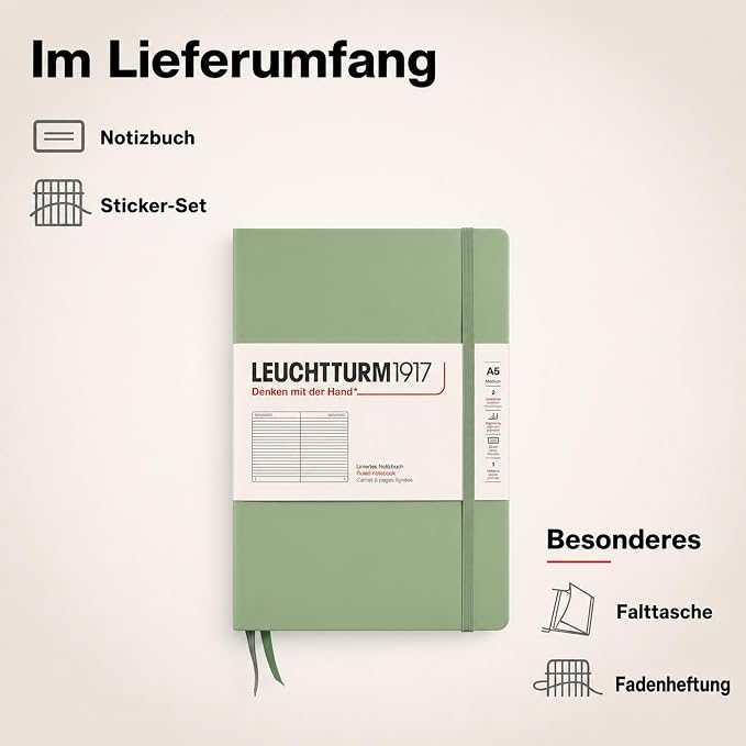LEUCHTTURM1917 - Notebook Hardcover Medium A5-251 Numbered Pages for Writing and Journaling (Sage, Ruled) - Image 6