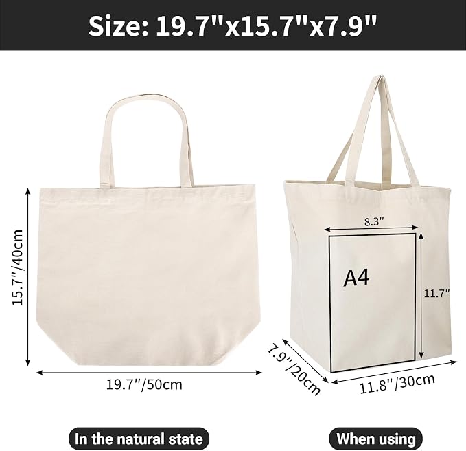 Segarty Canvas Tote Bag with Zipper, 6 PACK 19.7 x 15.7 inch Bags with Handles, 12 Oz Thick Reusable Plain Washable Grocery Shopping Totes for Teacher DIY Art Crafts Painting Decoration - Image 3