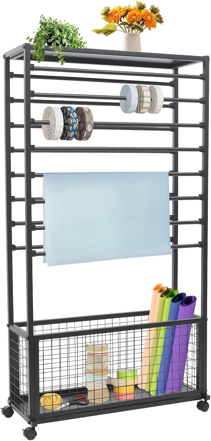 Ribbon Holder Organizer Rack, 16-Layer Ribbon Holder with Wheels | Double-Sided 16-Layer Ribbon Holder with Wheels, Wrapping Paper Ribbon Display Rack Storage Shelf for Craft Room - Image 3