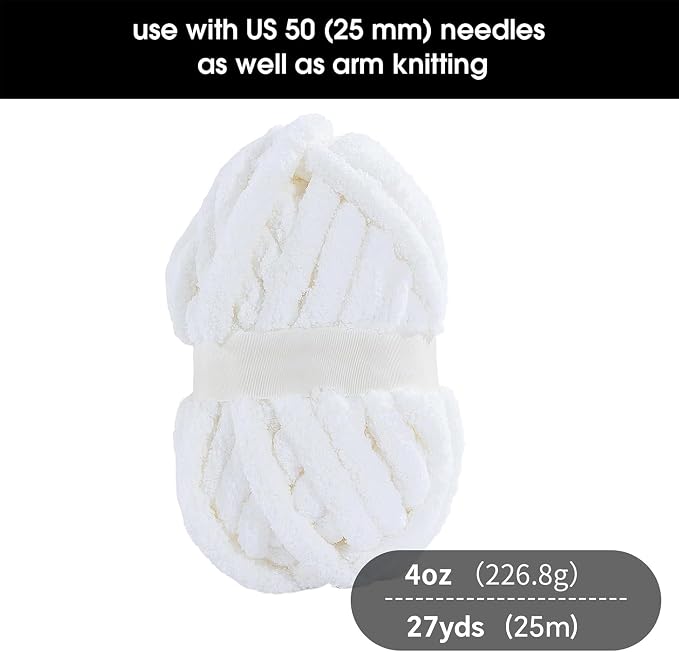 HOMBYS Pure White Chunky Chenille Yarn for Crocheting, Bulky Thick Fluffy Yarn for Knitting,Super Bulky Chunky Yarn for Hand Knitting Blanket, Soft Plush Yarn, 8 Jumbo Pack (27 yds,8 oz Each Skein) - Image 2
