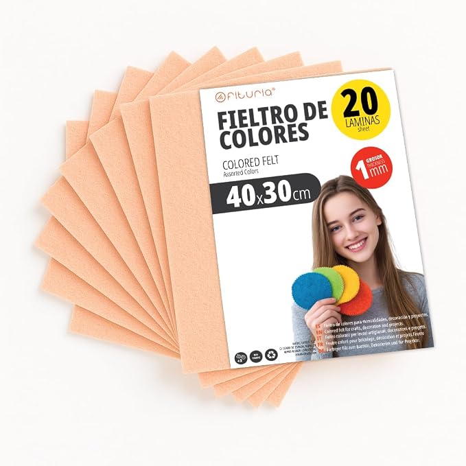 OFITURIA Felt for DIY Crafts, Soft and Flexible Coloured Fabric Sheets for Sewing, Patchwork, School Projects, Textile Art and Decoration 40 x 30 cm (Peach, 20 Pcs) by OFITURIA