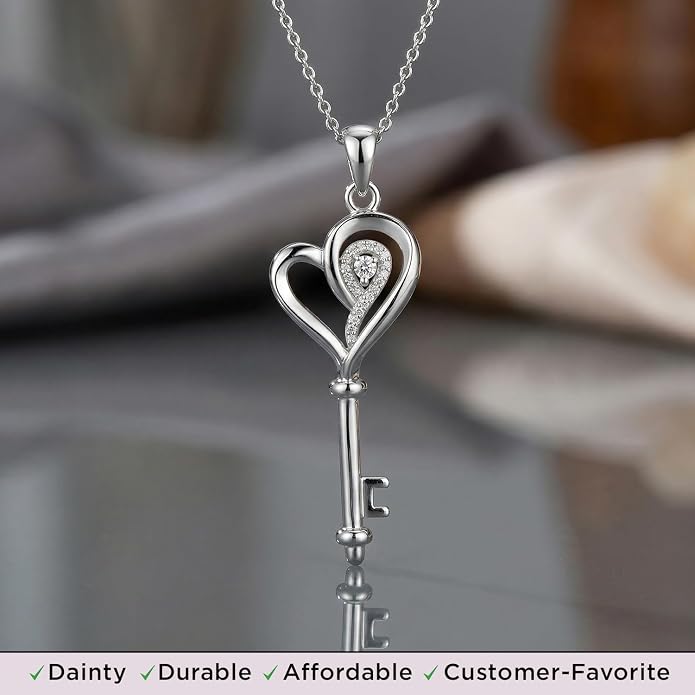 Jewelili Sterling Silver Diamond Heart Key Pendant Necklace for Women | Round Cut White Diamonds, 18" Cable Chain, Lobster claw clasp, Timeless Fashion Jewelry ,Fine jewelry with gift box - Image 6