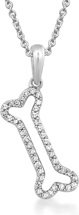 Jewelili Sterling Silver 1/6 Cttw Diamonds Bone Pendant Necklace for Women | Natural White Round Diamonds, 18" Rolo Chain with Lobster Claw Clasp, Fine Jewelry with Gift Box by Jewelili