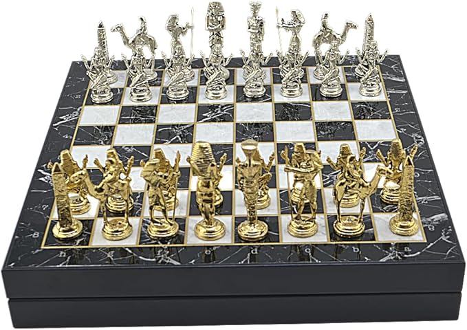 Metal Chess Set for Adults Egypt Pharaoh Figures,Handmade Pieces and Different Design Wooden Chess Board with Storage (Marble)