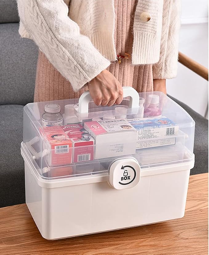 Sooyee Craft Organizers and Storage,Plastic Box with 3-Tier Fold Tray and Handle,Portable Lockable Container for Arts, Crafts,Cosmetic, Sewing, Toy, Washi Tape, Lego,13.4x7.5x8.9 In,Clear/White - Image 3
