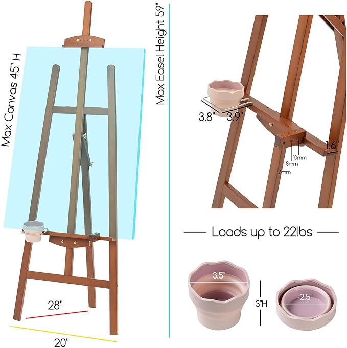 MEEDEN Easel Stand for Painting: A Frame Wooden Display Easel Stand for Canvas up to 59", Adjustable Lyre Beech Wood Artist Easel with Brush Holder, Washer for Painting, Display, Wedding Sign, Walnut - Image 2