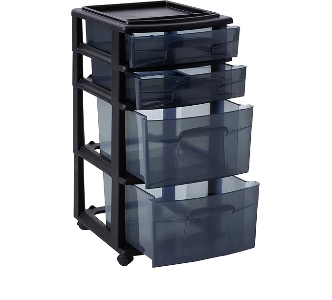 HOMZ Drawer Tower, 4-Tier Storage Cart with Removable Wheels, Black Frame | Plastic Organizer with Clear Bin Drawers for Bedroom, Bathroom, Home Office, and Dorm Rooms - Image 9