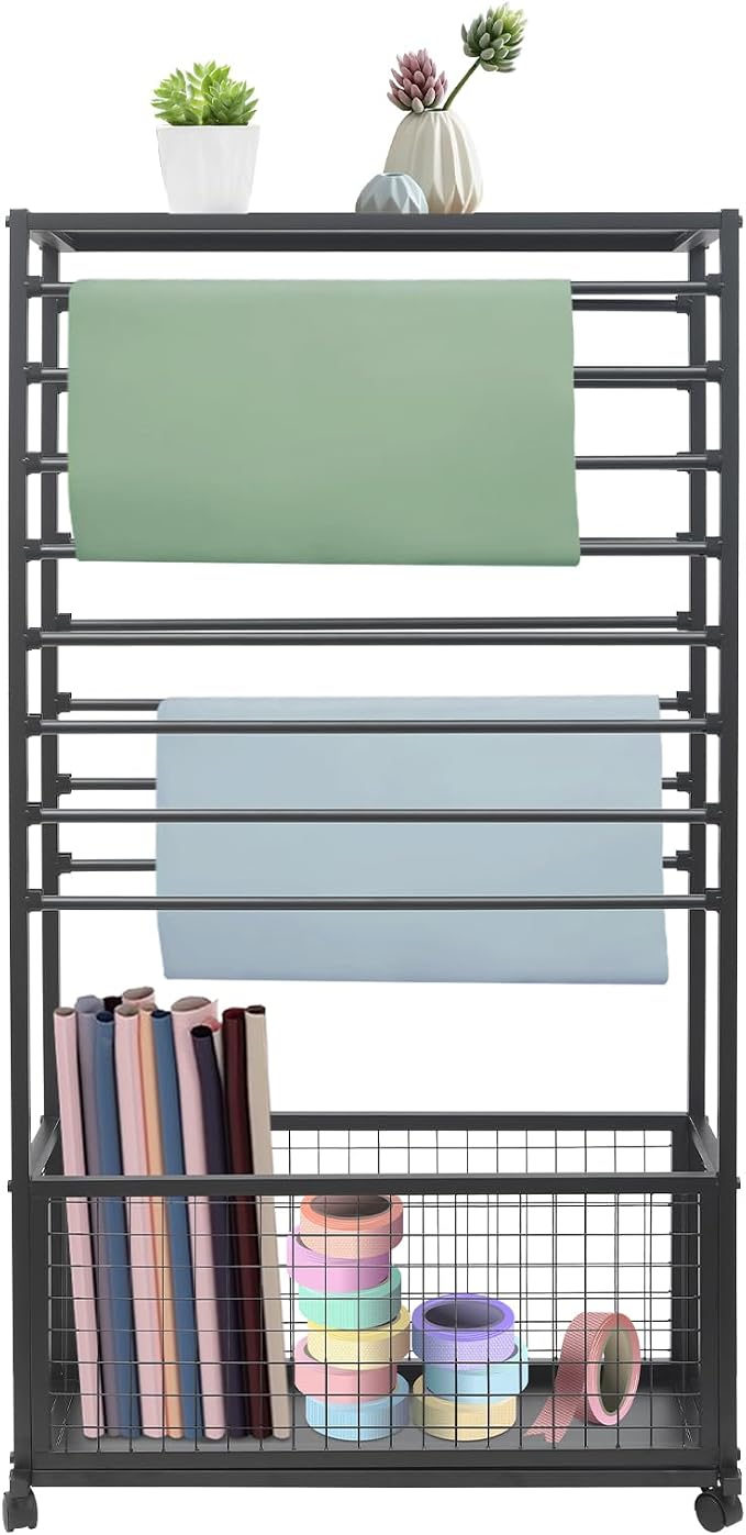 Double-Sided 16 Tier Ribbon Wrapping Paper Organizer Rack | 31.5"x12.6"x59" Large Capacity Ribbon Stand with Top Shelf, Ribbon Holder and Gift Bag Storage Organizers, Save Space (Black) by Unknown