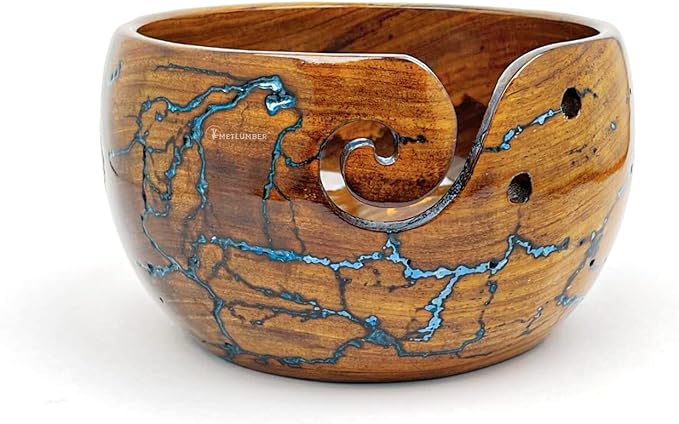 METLUMBER Wooden Yarn Bowl Rosewood Yarn Storage Bowl Holder & Dispenser for Tangle-Free Yarn Perfect Large Knitting & Crochet Bowl Fractal Wood Burning & Resin Artwork - Image 4