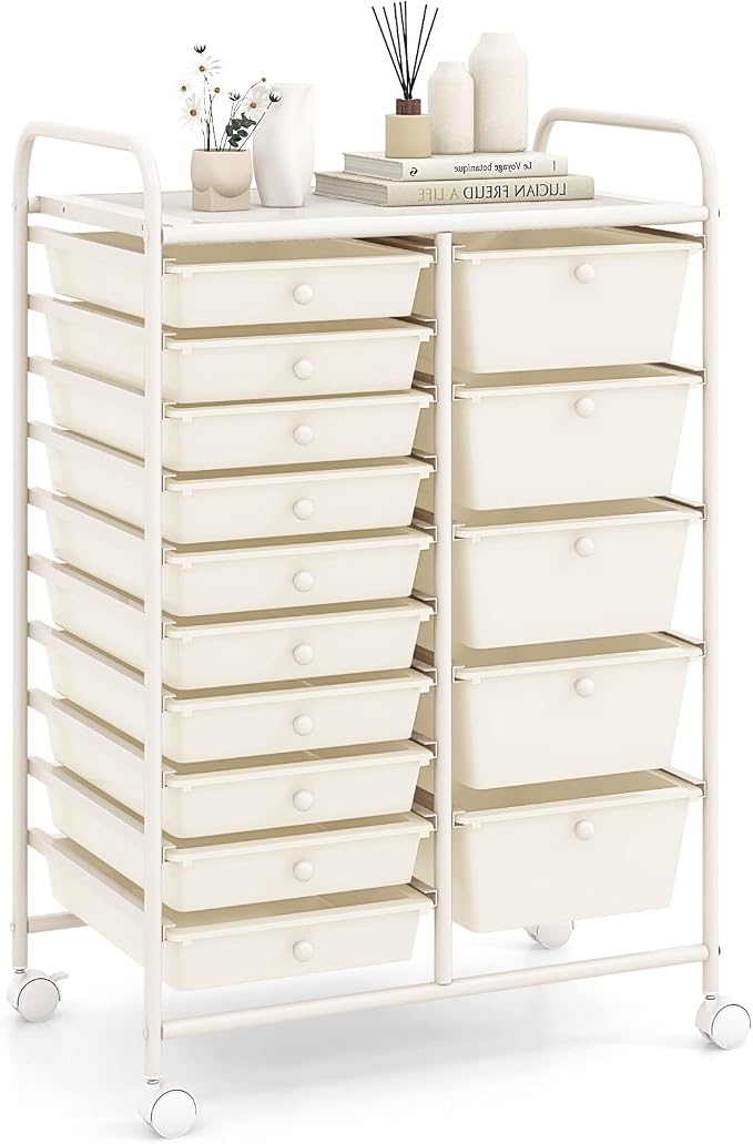 RELAX4LIFE 15-Drawer Storage Drawer Carts - Mobile Rolling Utility Cart w/Wheels, Craft Organizer for Classroom Organization and Storage, School, Office, Home, Storage Organizer Cart (White) by RELAX4LIFE