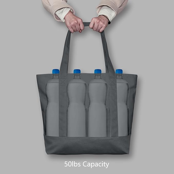 TOPDesign 3-Pack Canvas Tote Bags with an External Pocket, Reusable Grocery Shopping Bags, Top Zipper Closure, Daily Essentials (Grey) - Image 6