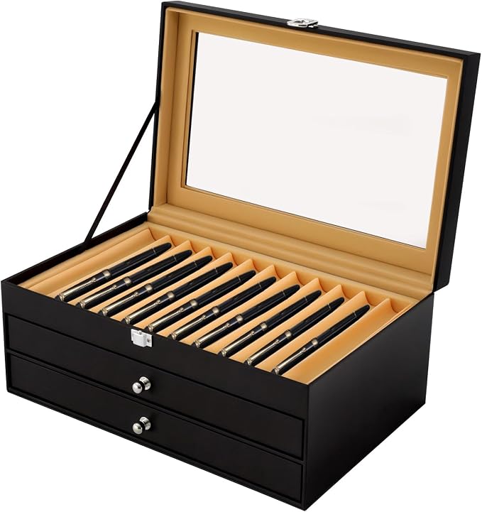 36 Pieces PU Leather Pen Box, 3 Levels with Drawers Fountain Pen Display Case Storage Organizer Box with Glass Window Gift for Friend (Black) by WANLECY