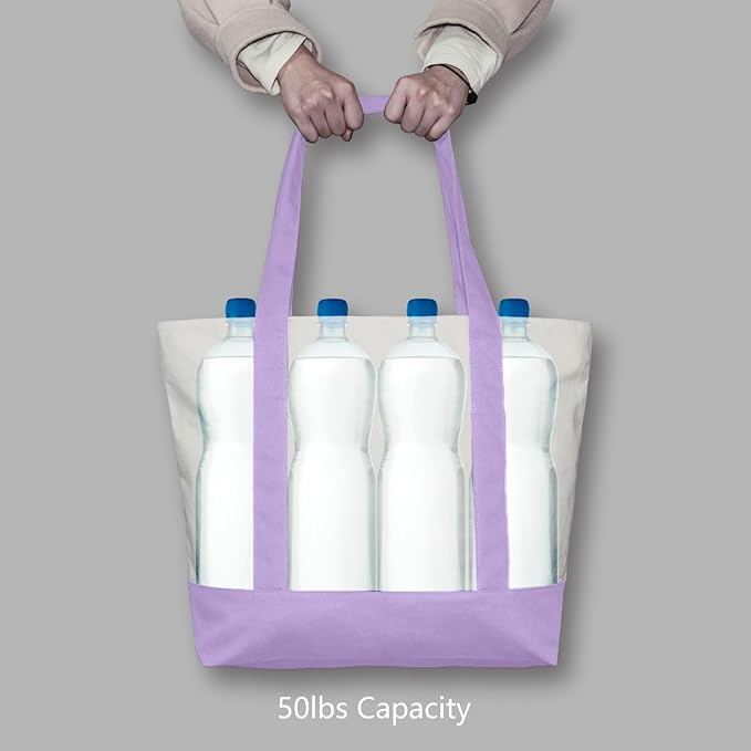TOPDesign 6-Pack Canvas Tote Bags with an External Pocket, Reusable Grocery Shopping Bags, Top Zipper Closure, Daily Essentials (Lavender/Natural) - Image 6