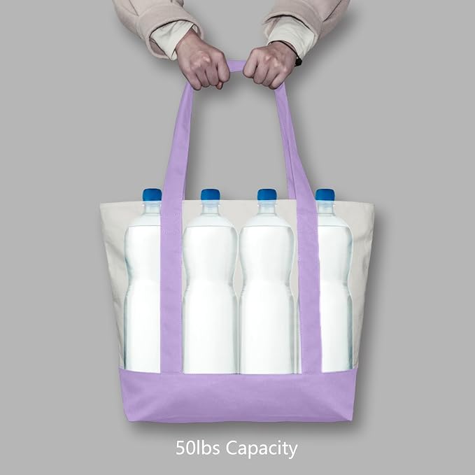TOPDesign 6-Pack Canvas Tote Bags with an External Pocket, Reusable Grocery Shopping Bags, Top Zipper Closure, Daily Essentials (Lavender/Natural) - Image 6