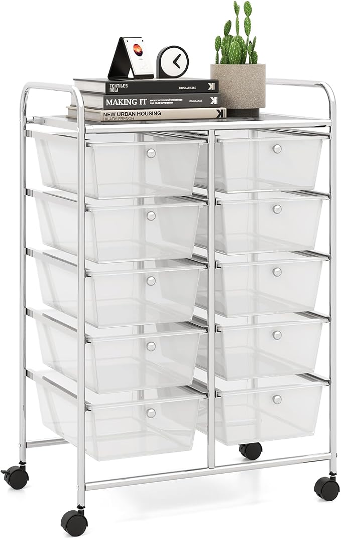 10 Drawer Rolling Cart, Storage Cart Organizer on Wheels, Drawer Cart with Metal Frame & Large Storage Capacity, Rolling Cart with Drawers for Living Room Classroom, Office by LDAILY