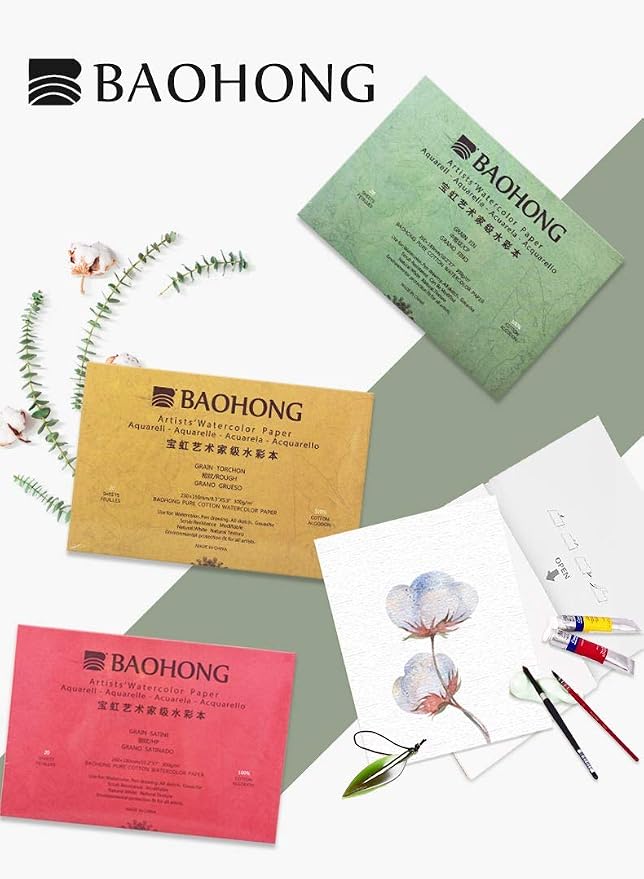 BAOHONG Artists' Watercolor Paper Block (20 Sheets, glued on Four Edges), 100% Cotton, Acid-Free, 140LB/300GSM, Watercolor Art Supplies for Wet, Dry, and Mixed Media Painting (Cold Press 16.2"X12.2") - Image 4