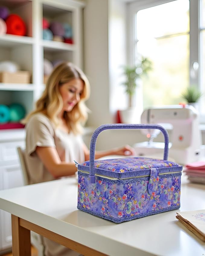 Sewing Basket with Sewing Supplies, Medium Sewing Box for Accessories Storage, Purple Flower - Image 8